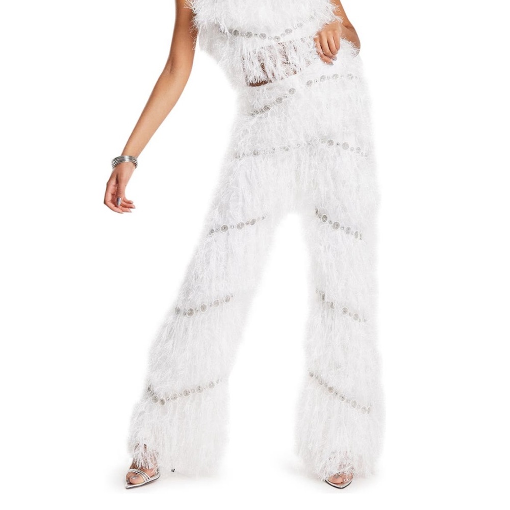 ASOS LUXE Faux Feather Pants w Embellishment NWT White - Picture 2 of 7
